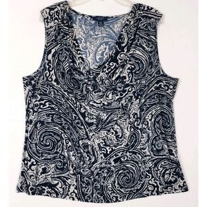 Chaps Blouse 3X Paisley Sleeveless Draped Neck Blue Stretch